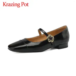 Casual Shoes Krazing Pot Cow Leather Metal Flowers Fasteners Low Heels Summer Fashion Square Toe Mary Janes Daily Wear Wedding Women Pumps