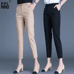 Ofis bayan takım elbise klasik pantolon kadınlar haki siyah iş pantalonları bahar yüksek bel sıska kalem pantolonları zarif capris 85-91cm