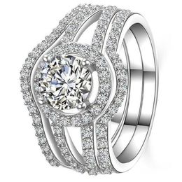 3PCS Rulalei Elegant Brand Wedding Rings Vintage Jewelry 925 Sterling Silver Fill Round Shape 5A Zircon CZ Diamond Eternity Party Women Bridal Couple Ring Set Gift