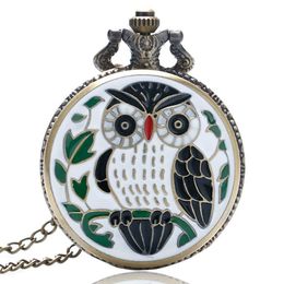 Bronze Small Animal Epoxy Cartoon Owl Painting Pocket Watch Quartz Clock Necklace Chain Relogio De Bolso Gifts for Men Women252A