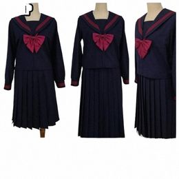 high QUALITY black navy school girl JK Uniform Japanese Class Sailor School Uniforms Students Clothes Sailor pleated lg skirt T4EJ#