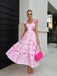 Basic Casual Dresses Chic Lotus Leaf Slve Hollow Print Long Dress Elegant Square Neck Large Skirt Hem Robe 2024 Summer Beach Holiday Vestidos 1 T240415