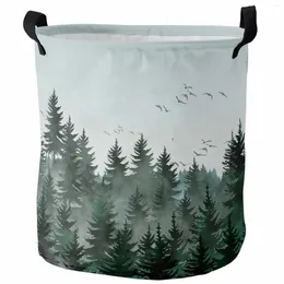 Laundry Bags Watercolour Forest Bird Dark Green Foldable Basket Kid Toy Storage Waterproof Room Dirty Clothing Organiser