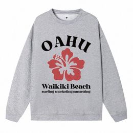 winter Simple Plus Size Woman Pullover Oahu Waikiki Beach Simple Pattern Print Hoody Loose Crewneck Sweatshirt Warm Fleece Tops j88d#