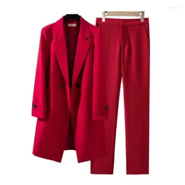 Women's Two Piece Pants Women Formal Blazer Set Female Office Ladies Jacket And Trouser 2 Work Business Wear Pant Suit Red Blue Black Solid