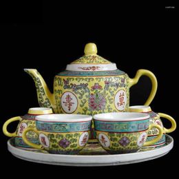 Teaware Sets 6Pc Hand-painted Longevity Without Borders Tea Set 70's Vintage Painted Overglaze Ceramic Pot And Cup Home Decor