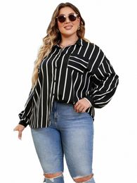 elegant and Youth Summer Lapel Stripe Loose Women Blouses Plus Size Black Modern Stylish, Cheap Curvy Linen Shirt, Free Ship P6xp#