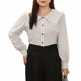 french Romantic Black And White Striped Commuter Shirt Plus Size Women Fine Preppy Style Sweet Lg Sleeved Blouses Y6KS#