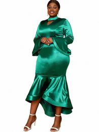 aomei Irregular Party Dres Plus Size Green Cut Out Lg Flare Sleeve Satin Bodyc Mermaid Evening Event Gowns for Women 2024 38OZ#
