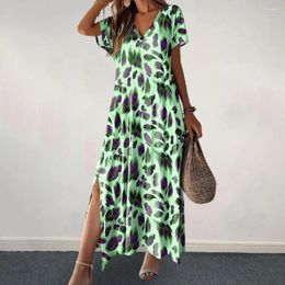 Casual Dresses Women Loose Fit Dress V-neck Attire Stylish V Neck Maxi With Contrast Colour Print Split Hem Soft Breathable For