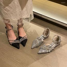 Casual Shoes Luxury Low Heel Silver Sequins Rhinestone Pointed Pumps Elegant Mary Jane Single Women's 2024 Autumn Sandals