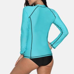 Attraco Women Long Sleeve Zipper Rashguard Swimsuit Solid Color Swimwear Surfing Top Running Biking Shirts Rash Guard UPF50+