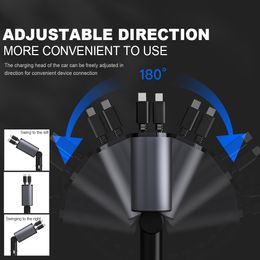 86W 4 IN 1 Retractable Car Charger USB Type C Cable For IPhone Samsung Fast Charge Cord Cigarette Lighter Adapter