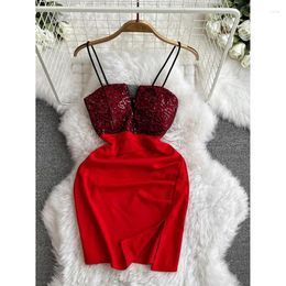 Casual Dresses Sexy Tulle V-neck Little Gown Light Luxury Sequin Women Summer Slimming Dress Banquet Suspenders Sparkly Party Mini