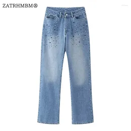 Women's Jeans ZATRHMBM 2024 Women Fashion Artificial Diamond Setting Straight Vintage Side Pockets High Waist Female Trousers Mujer