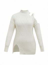 onelink Beige White Turtleneck Hollow Out Collar Plus Size Autumn Winter Woolen Pullover Women Sweater Knitting Oversize Cloth E575#