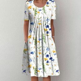 Summer Womens Clothing Casual Floral Round Neck Mid Length Dress