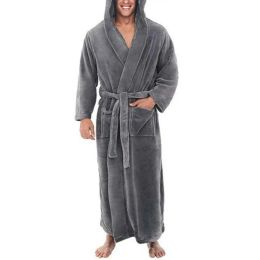 Solid Colour Soft Men Shower Robe Coral Fleece Pockets Long Bath Robe Home Gown Sleepwear Bathrobe Pyjama Man