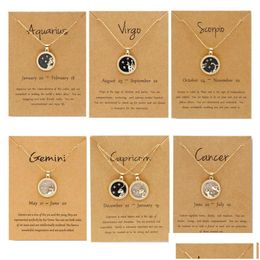 Pendant Necklaces Fashion 12 Constellation For Women Men Gold Chain Zodiac Sign Round Necklace Black And White Couple Jewellery Birthday Dh9F0