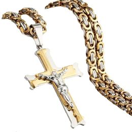 Anhänger Halsketten Gold Farbe Fisch Knochen Muster Kreuz Halskette Männer Edelstahl Kruzifix Jesus Link Kette Katholischen Schmuck Geschenkanhänger