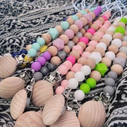 Baby Pacifier Clips Silicone Bead Wooden Beads Pacifier Chain Infant Nipple Appease Soother Chain Clips Dummy Holder Nipple Clip