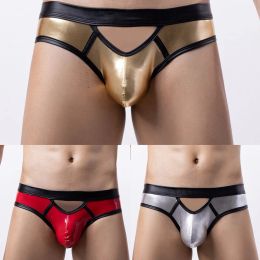 Men Open Front Hole Briefs Sports Underwear PU Leather Bulge Pouch Panties Trunks Lingeries Erotic Hombre Male Lingerie Tanga