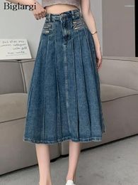 Skirts Denim High Waist Spring Summer Midi Women Ruffle Pleated Korean Style Loose Ladies Fashion Casual Woman