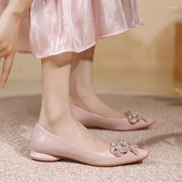 Casual Shoes French Wedding Women's Flat Heels Bottoms Square Toe 2024 Bride Bridesmaid Thick Rhinestones