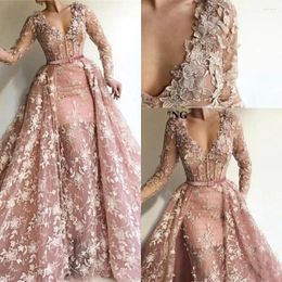 Runway Dresses Pink V Neck Lace Mermaid Evening Long Sleeves Applique Prom Gowns With Detachable Train Formal Wear
