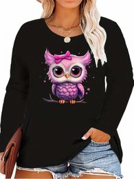 plus size Carto cute bow purple owl print graphic lg sleeve T-shirt Retro unisex casual women's lg sleeve D5MT#