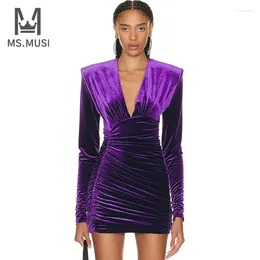 Casual Dresses MSMUSI 2024 Fashion Women Sexy Elegant V Neck Velvet Fold Long Sleeve Bodycon Party Club Event Slim Mini Dress Lady Vestidos