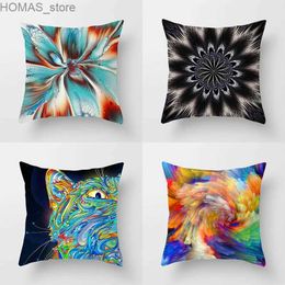 Pillow Psychedelic Colorful Geometric Cat Throw Cover Sofa Decor Bedside Car Seat Cushion Room Home Y240401