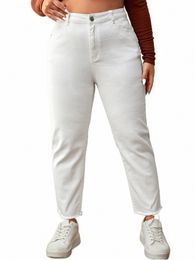 2023 Plus Size White Jeans for Women Straight Fitting Spring Autumn Full Length High Waist Stretchy 100kgs Denim Women Pants J4NO#