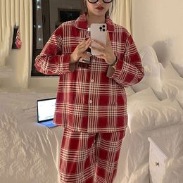 Plaid julpyjamas kvinnor koreanska sömnkläder hösten pijamas söta kläder pyjamas 2 bit byxor set loungewear pj kostym