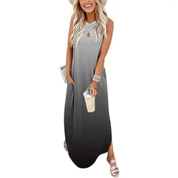 Casual Dresses Women Gradient Sundress Long Dress Crisscross Sleeveless Split Maxi Summer Beach With Pocket