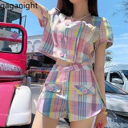 Women's Tracksuits Gaganight Women Colorful Checkered Square Neck Two Piece Set Summer 2024 Chic Short Top Wide Leg Pants Female Suit