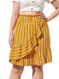 plus Size Elegant Summer Ruffle Trim Midi Skirt Women Causal Orange Elastic Waist Stripe Skirt Large Size Women Clothing 5XL 6XL 42nH#