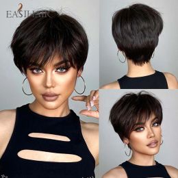 EASIHAIR Black Pixie Cut Synthetic Bob Wigs With Bangs Short Straight High-temperature Fake Hair for Women Daily Cosplay Party