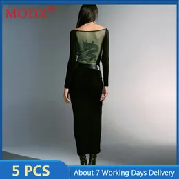 Casual Dresses 5pcs Bulk Items Wholesale Lots For Women Maxi Dress One Piece Sexy Mesh Print See Through Y2k Long Sleeve Night M12413