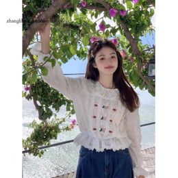 Women's Blouses Korean Sweet Three-dimensional Flower Embroidery Lapel Shirts Ruffles Patchwork Slim Long Sleeve Crop Top Aesthetic