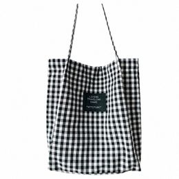 fi Durable Women Student Cott Linen Single Shoulder Bag Shop Tote Cheque Plaid Female Flax Canvas Bags 32Qc#