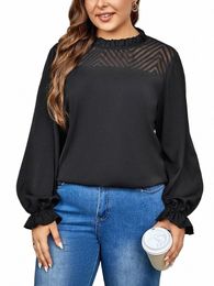 gibsie Plus Size Black Frill Neck Ctrast Mesh Keyhole Back Blouse Women Spring Fall Elegant Lg Sleeve Work Office Shirt Tops l1dR#