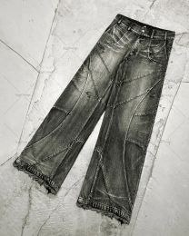 Y2K Destroyed Stitching Jeans Men's Black Washed Jeans Gothic Style Street Trend Clothing Retro Loose Wide Leg Pants Fall Guys