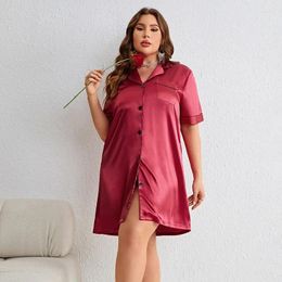 Women's Sleepwear Summer Short Sleeve Cardigan Shirt Nightwear Dresses For 5xl Large Size Satin Thin Simple Sexy Home Nightdress