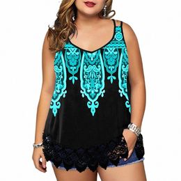 women Plus Size Lace Hem Print Sleevel Top Ladies Vest/Sling Summer New Loose Beach Sundr Casual Round Neck Camisole Top U6wT#