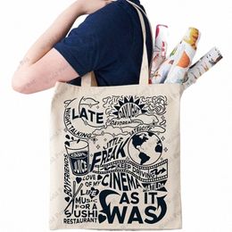 letter Print Canvas Shop Bag, Lightweight Portable Square Shoulder Bag, Fi Large Capacity Tote Bag For Daily Life w6hO#