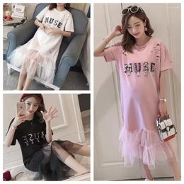 Casual Dresses Pink Sweet Loose T-shirt Dress 2024 Spring And Summer Round Neck Short-sleeved Mesh Splicing Midi For Pregnant Women