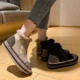 Aphixta Real Hair Warm Winter Crystals Shoes Woman Elastic Band Couple Chunky Sole Platform Big Size 44 Waterproof Ankle Boots