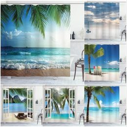 Shower Curtains Ocean Palm Tree Beach Curtain 3D Summer Hawaii Seaside Natural Scenery Waterproof Bath Bathroom Decor With Hooks