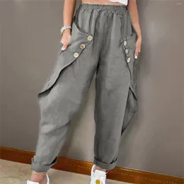 Women's Pants Casual Oversize Multi Pockets Fashion Female Loose Solid Cotton And Linen Wide Leg Beach